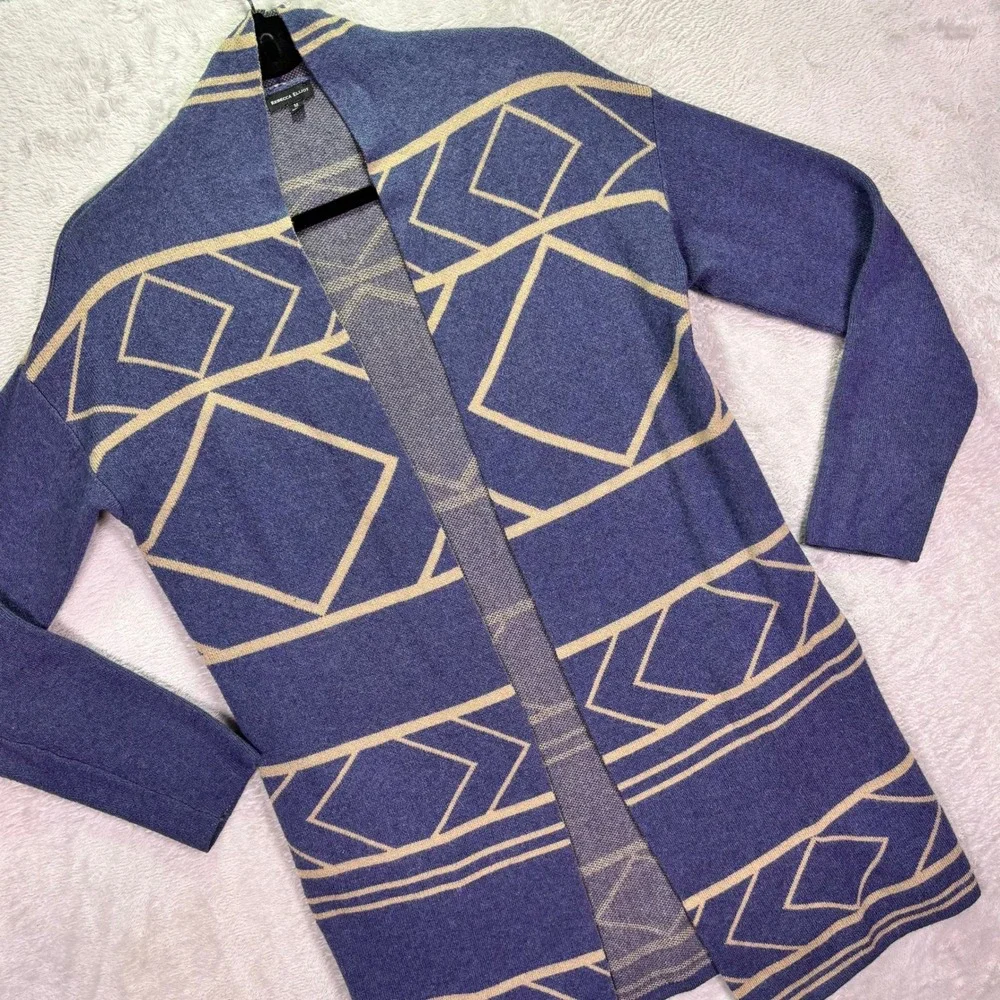 Rebecca Elliot Womens Cardigan Sz M Blue Tan Geometric Open Front Pockets AMD102